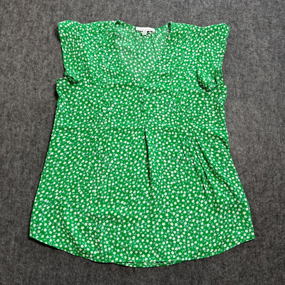 Maison d'Amelie Paris Green Floral V-Neck Cap Sleeve Pleated Blouse XS